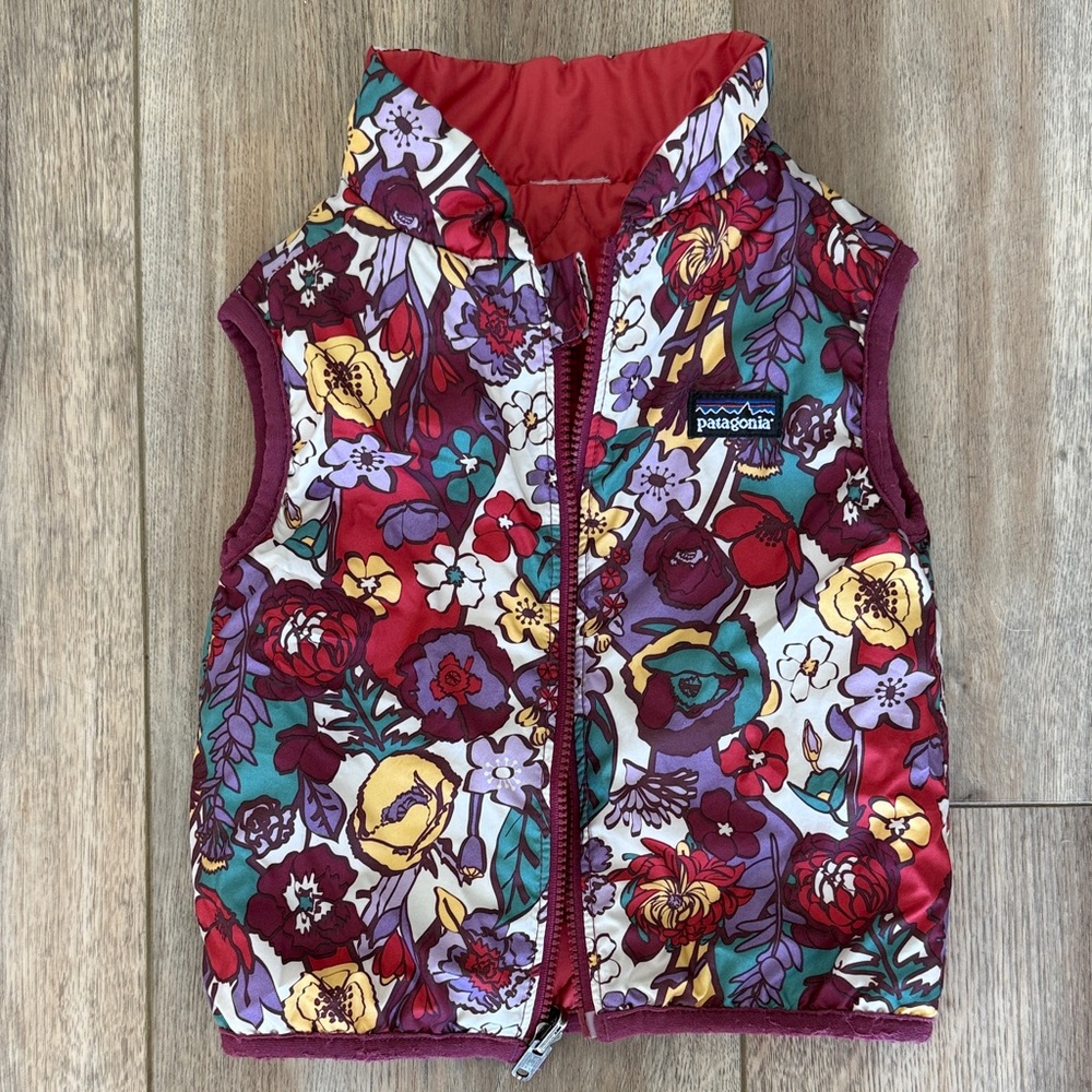 Patagonia Kids Floral Puffer Vest in Burgundy, Red, Yellow, Teal